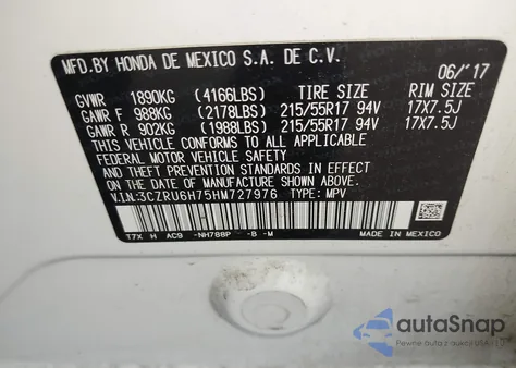 2017 Honda Hr-V Ex-L из США, поврежденный, VIN 3CZRU6H75HM727976